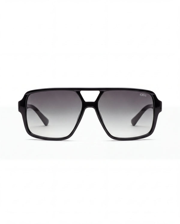 Black square sunglasses with a thick square frame and gradient lenses.