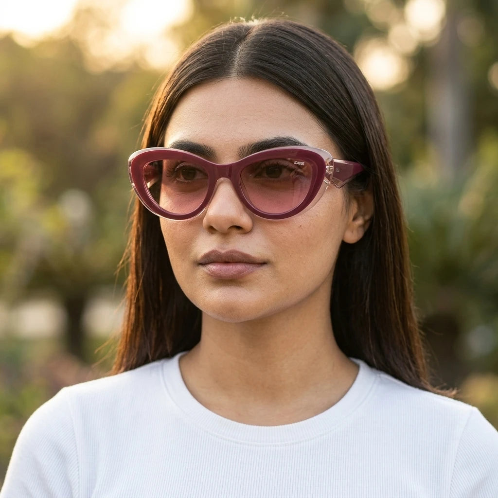 Woman wearing IDEE cat-eye sunglasses